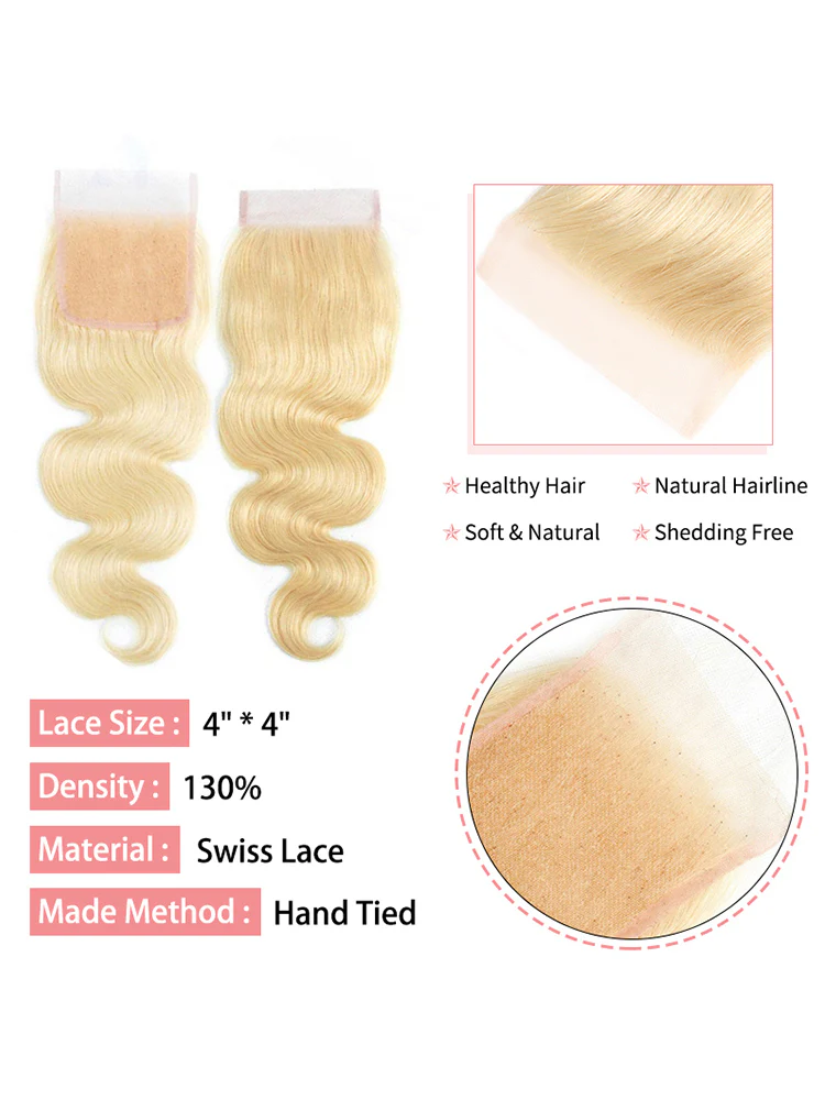 CurlyMe 613 Blonde Human Hair Body Wave 4 Bundles with 4x4 Closure - Image 4