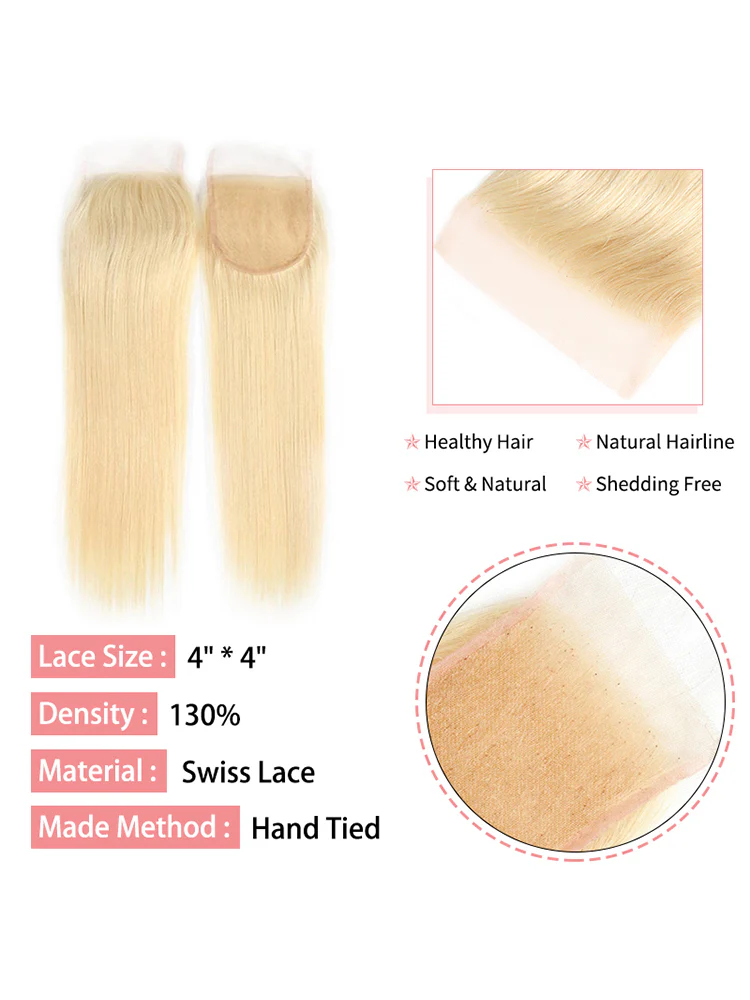 CurlyMe 613 Blonde Straight Human Hair 4 Bundles with 4x4 Lace Closure - Image 3