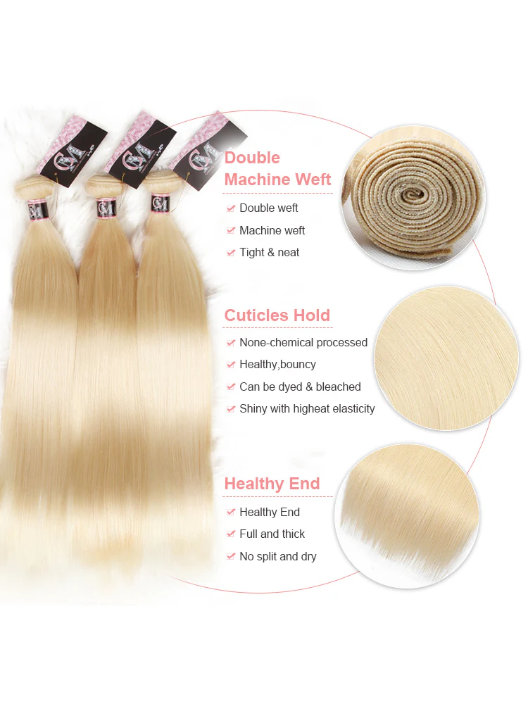 CurlyMe 613 Blonde Straight Human Hair 4 Bundles with 4x4 Lace Closure - Image 4