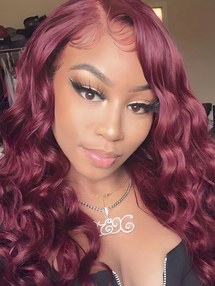 CurlyMe 99J Burgundy Color Body Wave Hair 13x4 Lace Front Wigs Pre Plucked Hairline - Image 3