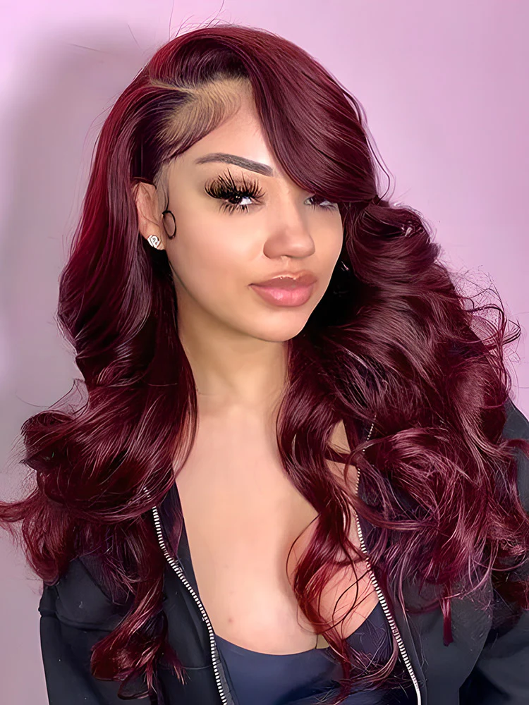 CurlyMe 99J Burgundy Color Body Wave Hair 13x4 Lace Front Wigs Pre Plucked Hairline - Image 4