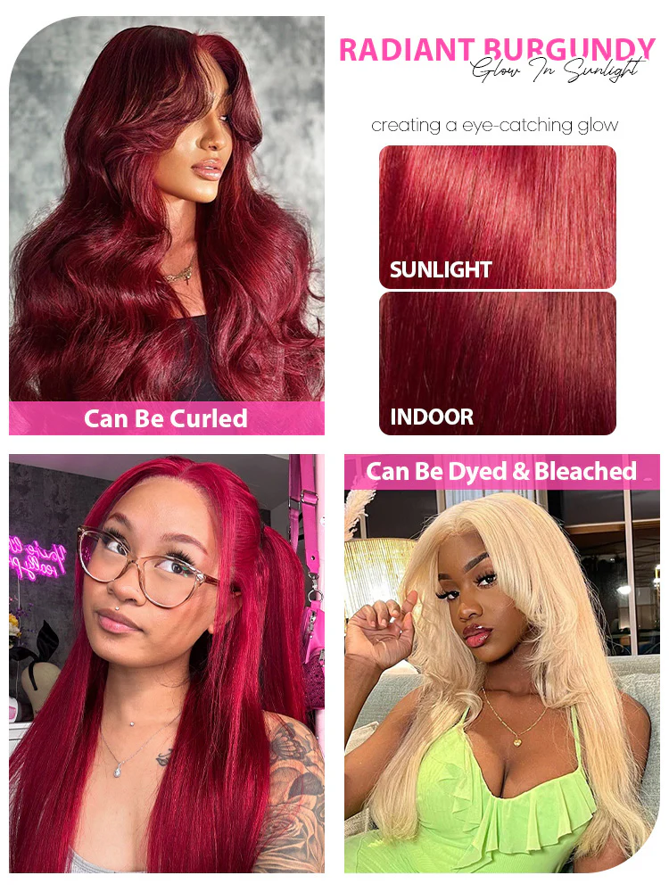 CurlyMe 99J Burgundy Color Straight Hair 13x4 Lace Front Wigs Easy Bleached Lace Wigs - Image 10