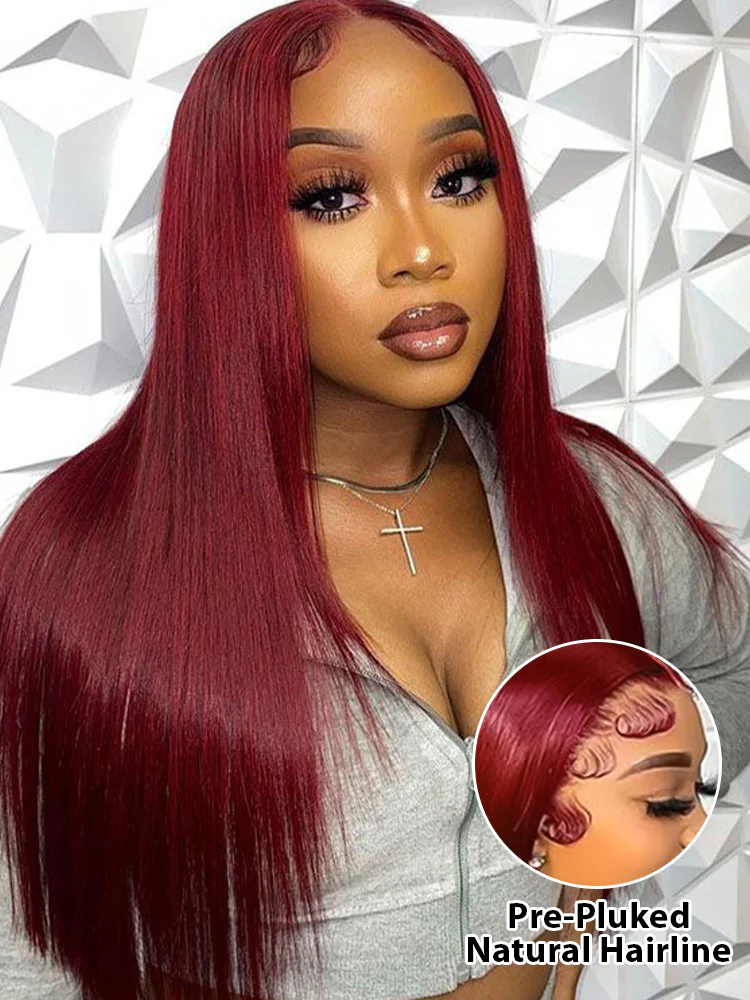 CurlyMe 99J Burgundy Color Straight Hair 13x4 Lace Front Wigs Easy Bleached Lace Wigs - Image 12