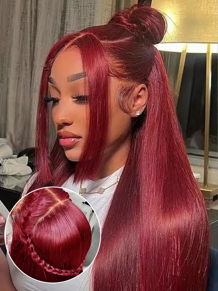 CurlyMe 99J Burgundy Color Straight Hair 13x4 Lace Front Wigs Easy Bleached Lace Wigs - Image 13