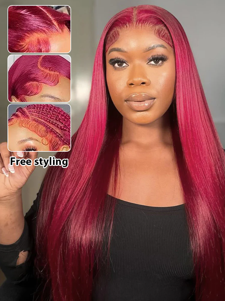 CurlyMe 99J Burgundy Color Straight Hair 13x4 Lace Front Wigs Easy Bleached Lace Wigs - Image 3