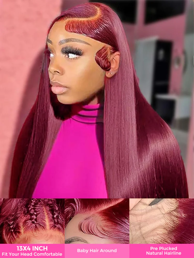 CurlyMe 99J Burgundy Color Straight Hair 13x4 Lace Front Wigs Easy Bleached Lace Wigs - Image 5