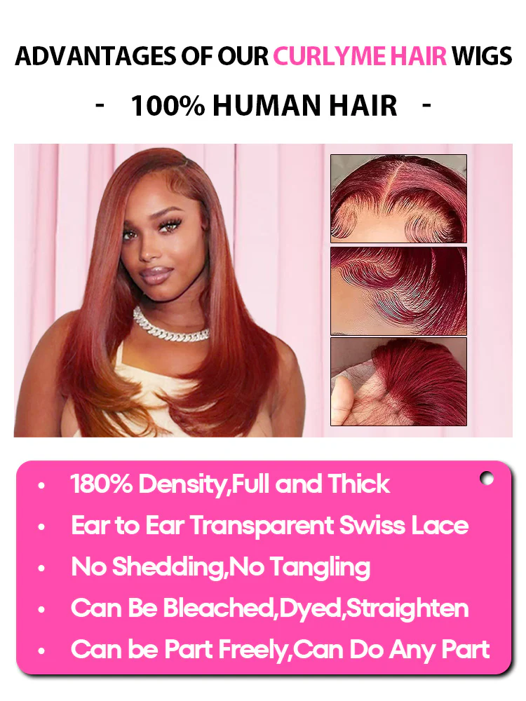 CurlyMe 99J Burgundy Color Straight Hair 13x4 Lace Front Wigs Easy Bleached Lace Wigs - Image 6