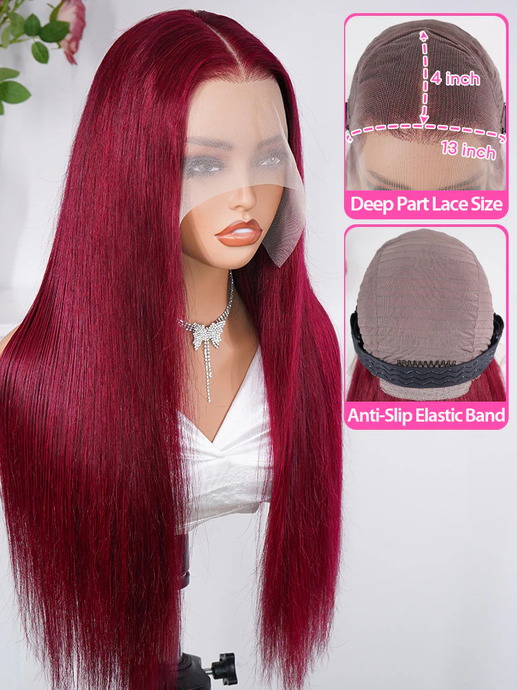 CurlyMe 99J Burgundy Color Straight Hair 13x4 Lace Front Wigs Easy Bleached Lace Wigs - Image 8