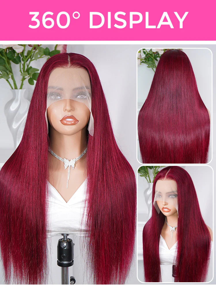 CurlyMe 99J Burgundy Color Straight Hair 13x4 Lace Front Wigs Easy Bleached Lace Wigs - Image 9