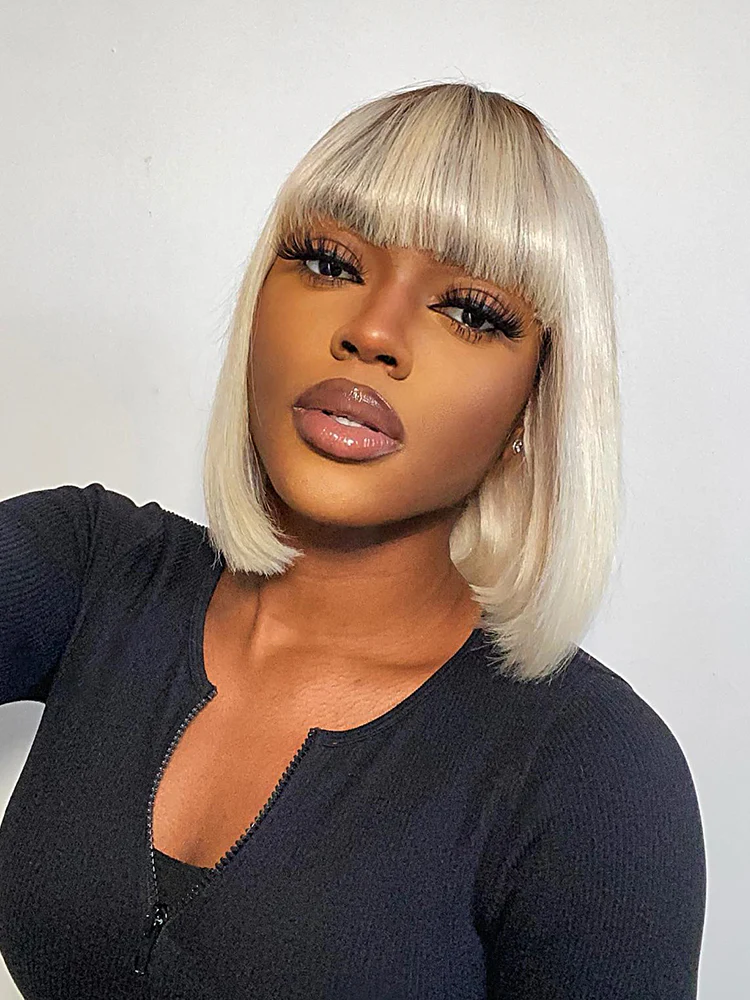 CurlyMe 613 Blonde Bob Wig With Bangs Straight No Lace Human Hair Wigs - Image 3