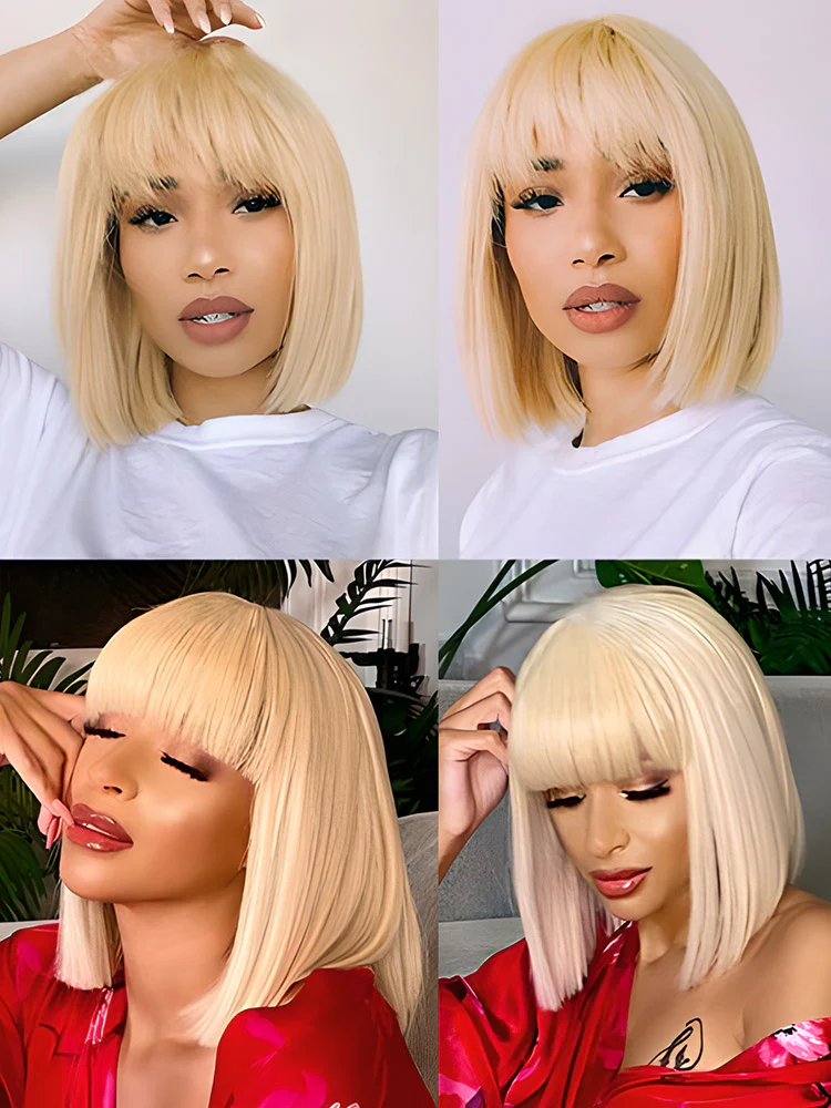 CurlyMe 613 Blonde Bob Wig With Bangs Straight No Lace Human Hair Wigs - Image 6