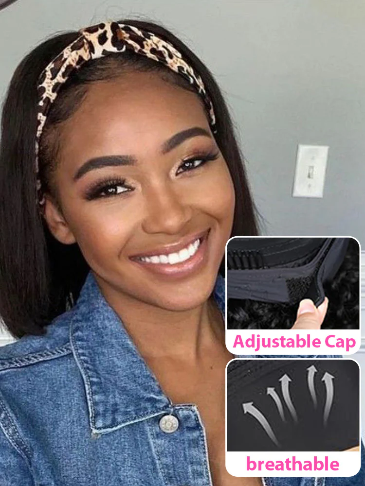 CurlyMe Headband Bob Wigs Brazilian Straight Human Hair 180% No Lace Wig - Image 4