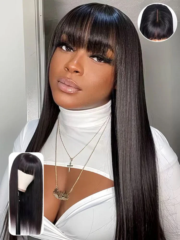 CurlyMe Straight Hair Non Lace Wigs Full Machine Made Wigs With Bangs Natural Black - Image 3