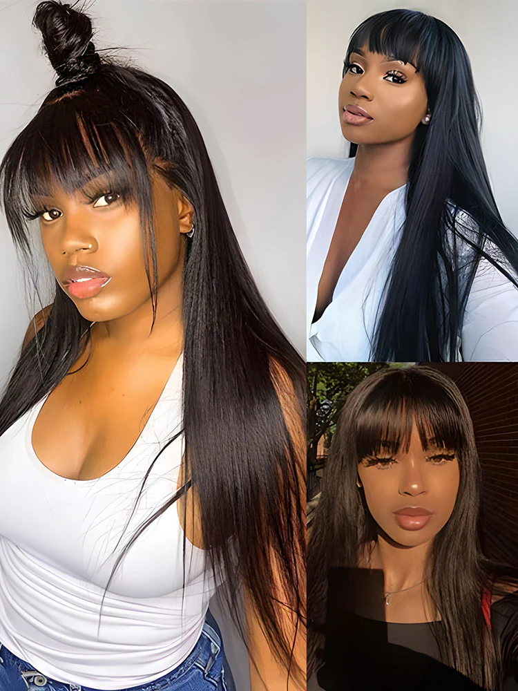 CurlyMe Straight Hair Non Lace Wigs Full Machine Made Wigs With Bangs Natural Black - Image 4