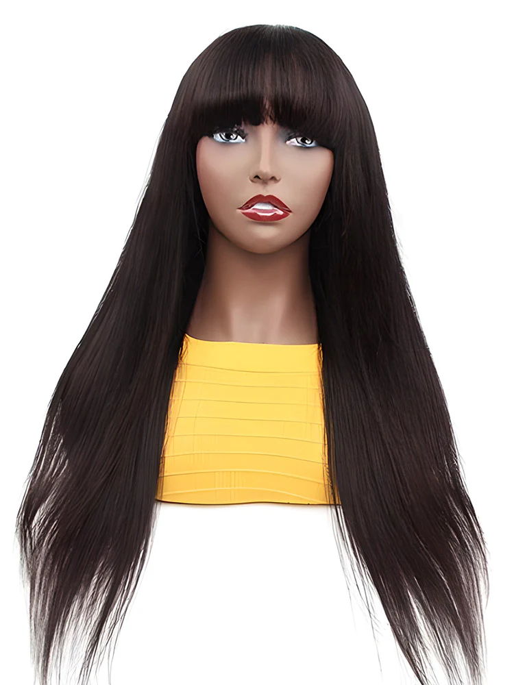 CurlyMe Straight Hair Non Lace Wigs Full Machine Made Wigs With Bangs Natural Black - Image 5