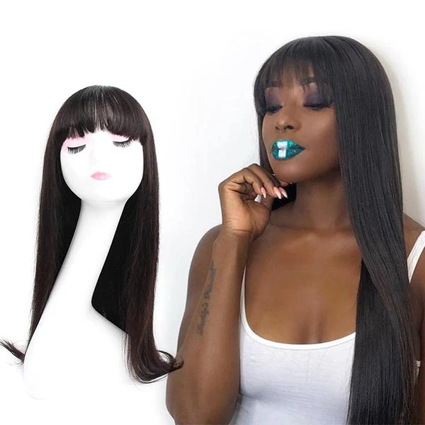 CurlyMe Straight Hair Non Lace Wigs Full Machine Made Wigs With Bangs Natural Black - Image 6