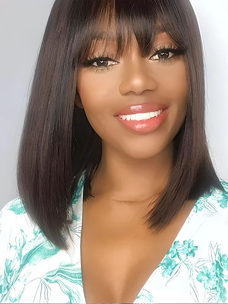 CurlyMe Silk Straight Hair Non Lace Glueless Bob Wig With Bangs - Image 3