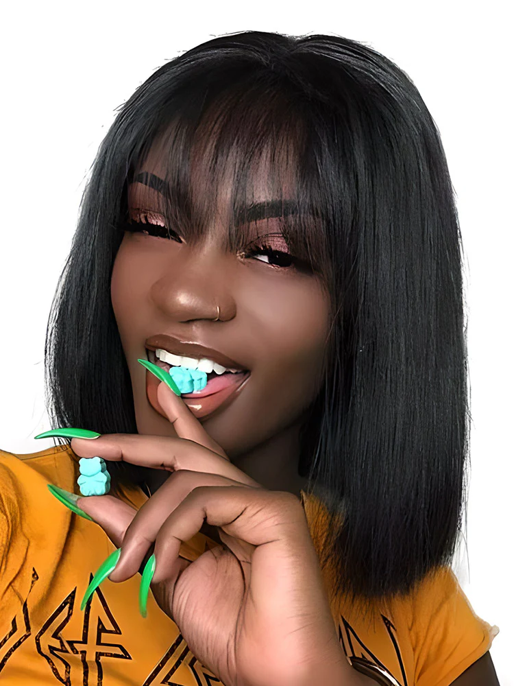 CurlyMe Silk Straight Hair Non Lace Glueless Bob Wig With Bangs - Image 4