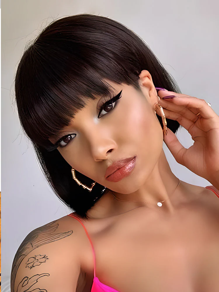 CurlyMe Silk Straight Hair Non Lace Glueless Bob Wig With Bangs - Image 5