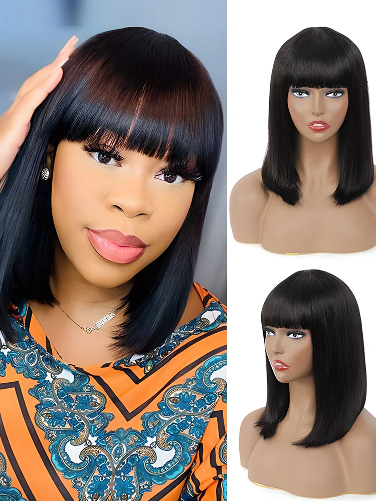 CurlyMe Silk Straight Hair Non Lace Glueless Bob Wig With Bangs - Image 6