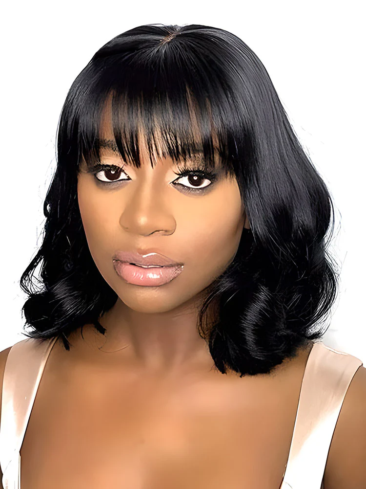 CurlyMe Body Wave Hair Non Lace Bob Wigs Full Machine Made Wigs With Bangs - Image 4