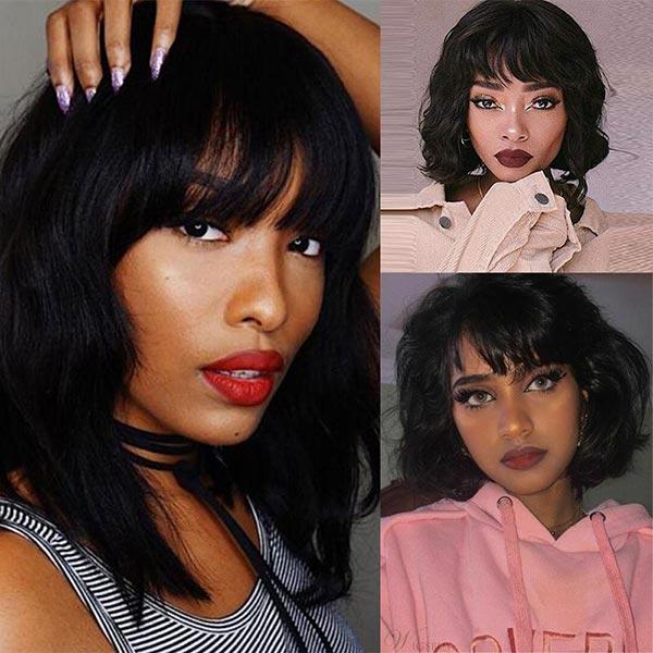 CurlyMe Body Wave Hair Non Lace Bob Wigs Full Machine Made Wigs With Bangs - Image 6