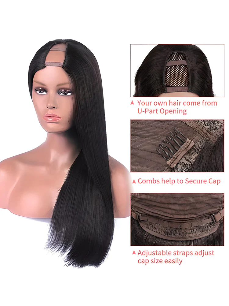 CurlyMe Straight Hair 180% Density U part Wig Affordable Machine Made Human Hair Wigs - Image 6