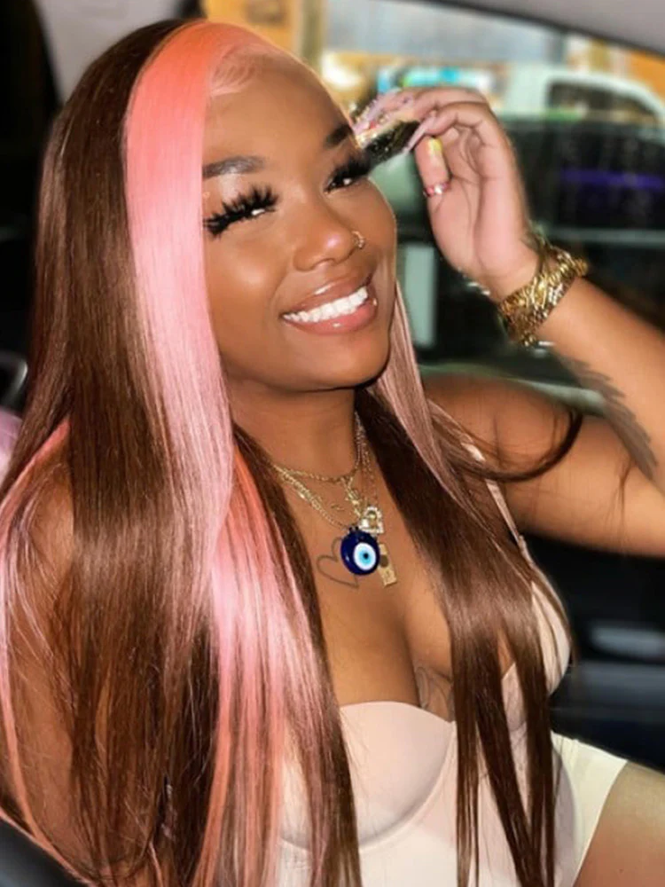 CurlyMe Straight Brown Hair With Pink Skunk Stripe 13x4 Lace Front Wig Highlights Ombre Hair - Image 4