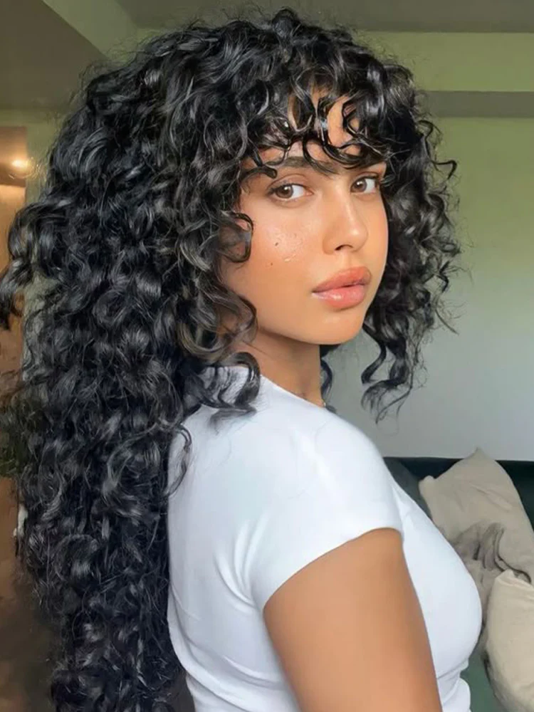 CurlyMe Water Wave Hair Non Lace Wigs Full Machine Made Wigs With Bangs For Women - Image 3