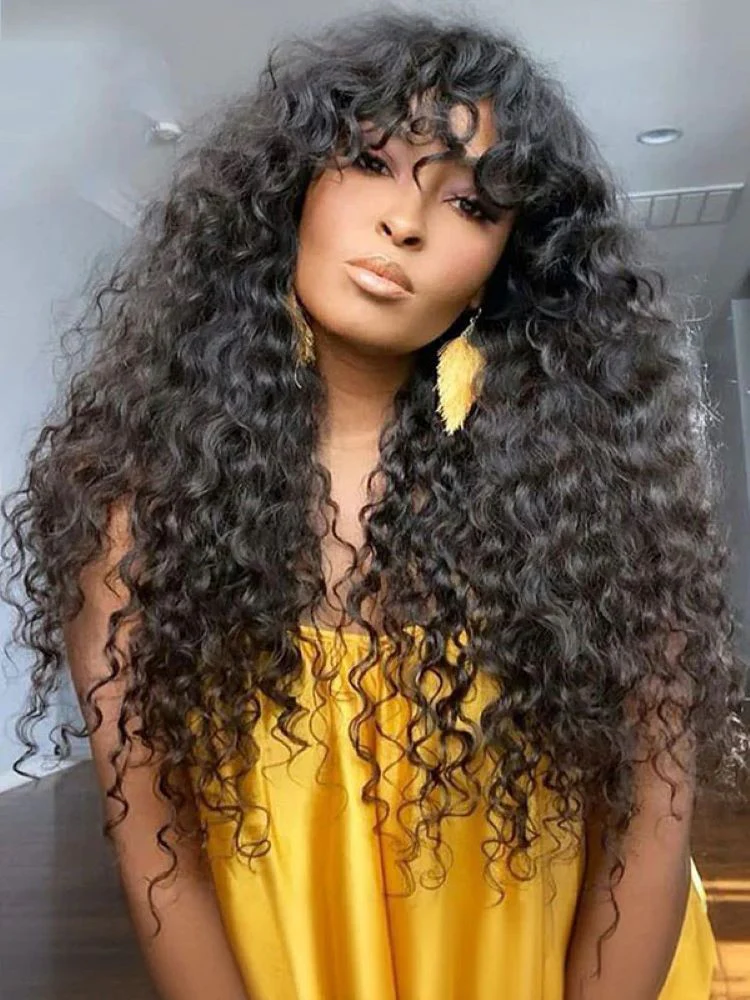 CurlyMe Water Wave Hair Non Lace Wigs Full Machine Made Wigs With Bangs For Women - Image 4