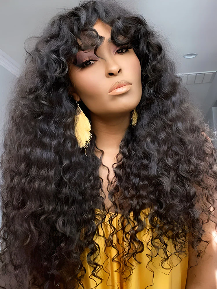 CurlyMe Water Wave Hair Non Lace Wigs Full Machine Made Wigs With Bangs For Women - Image 5