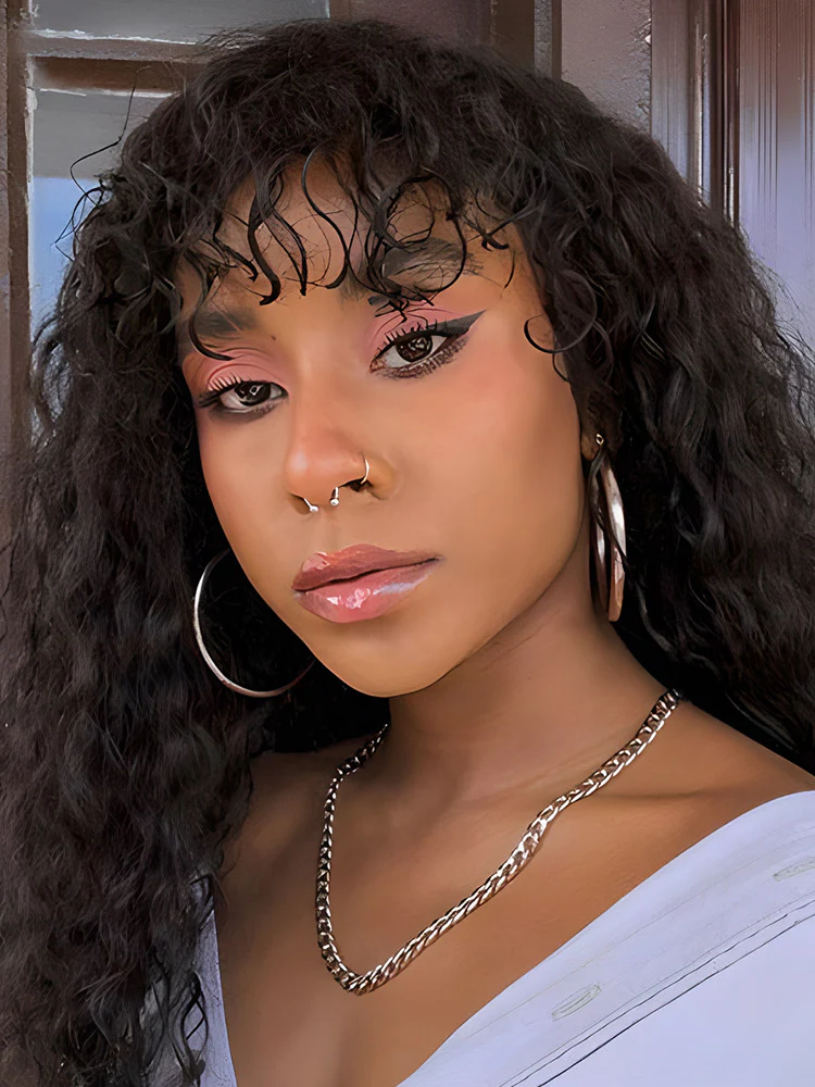 CurlyMe Water Wave Hair Non Lace Wigs Full Machine Made Wigs With Bangs For Women - Image 7