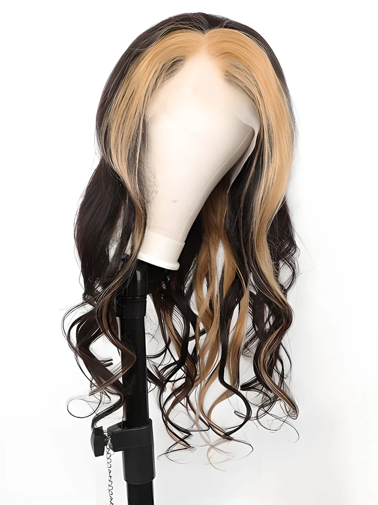 CurlyMe Skunk Stripe Hair Straight Honey Blonde Highlights 13x4 Lace Front Wigs Human Hair - Image 3