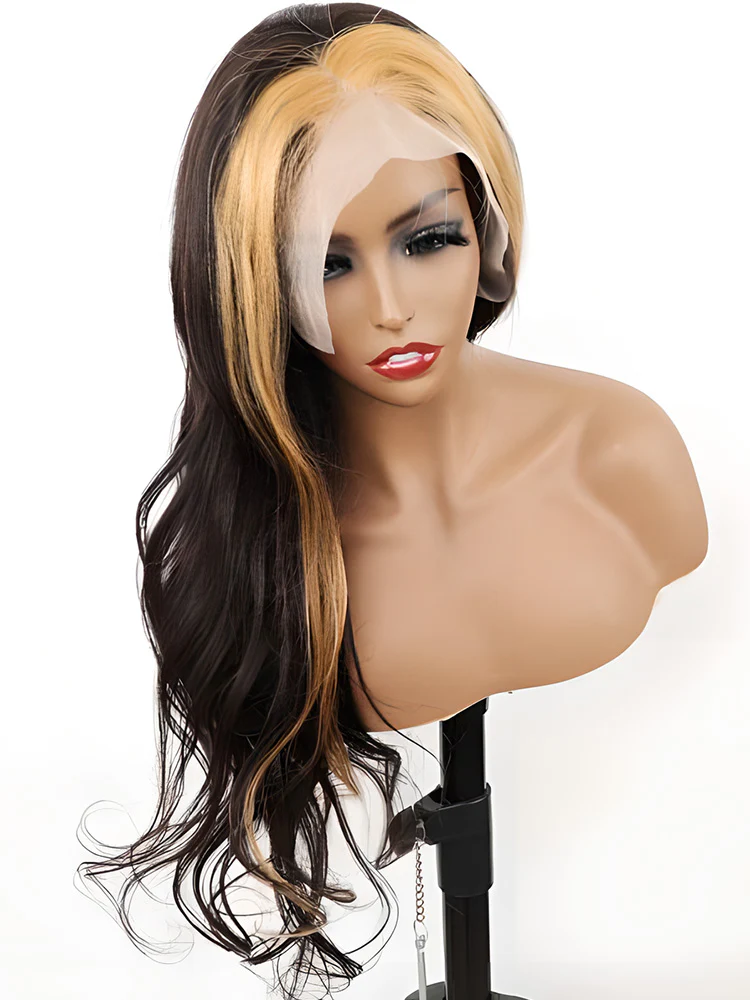 CurlyMe Skunk Stripe Hair Straight Honey Blonde Highlights 13x4 Lace Front Wigs Human Hair - Image 4