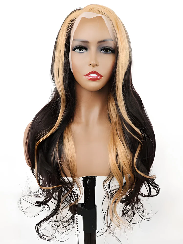 CurlyMe Skunk Stripe Hair Straight Honey Blonde Highlights 13x4 Lace Front Wigs Human Hair - Image 5