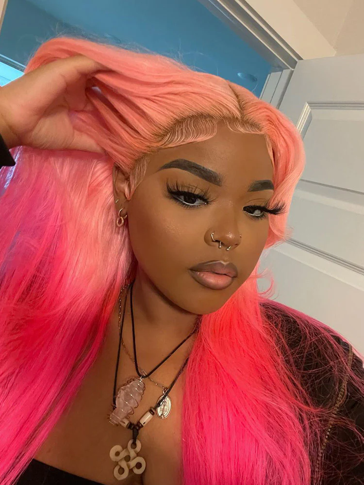 CurlyMe Highlights Honey Pink Color Straight Ombre Hair Transparent Lace Front Wigs Pre-plucked - Image 3