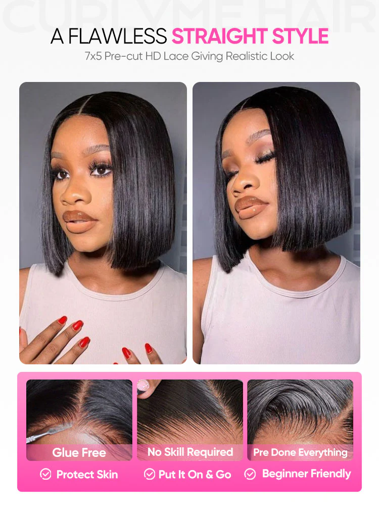 CurlyMe Pre Bleached Straight Glueless Bob Wig Pre Cut 7x5 HD Lace Wear Go Wig - Image 6