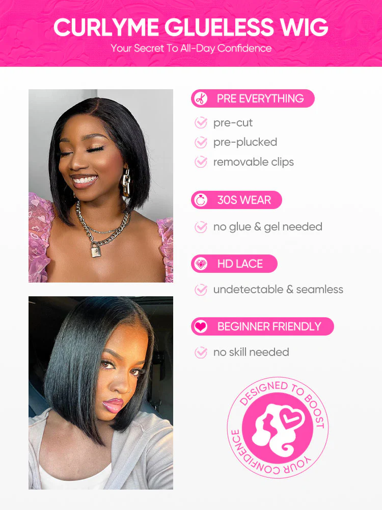 CurlyMe Pre Bleached Straight Glueless Bob Wig Pre Cut 7x5 HD Lace Wear Go Wig - Image 9