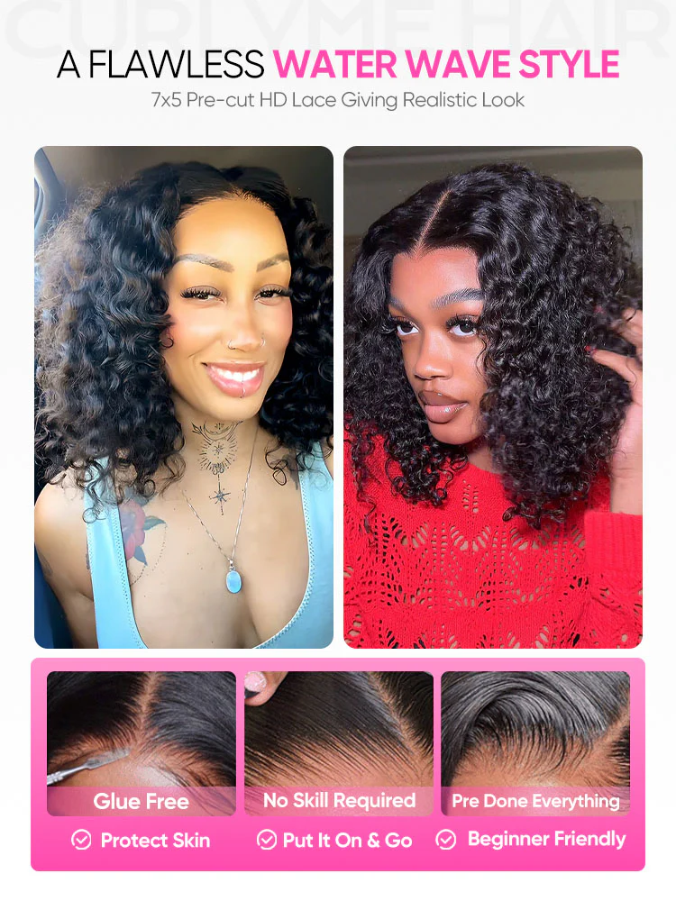CurlyMe Water Wave Bob Glueless Wig Wear Go 7x5 HD Lace Pre Cut Lace Wig - Image 8