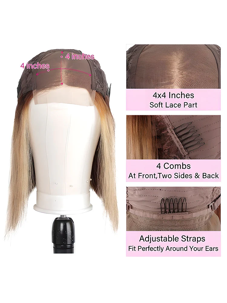 CurlyMe 4x4 Transparent Lace Highlights Ombre Straight Hair Bob Wigs Pre-plucked - Image 4