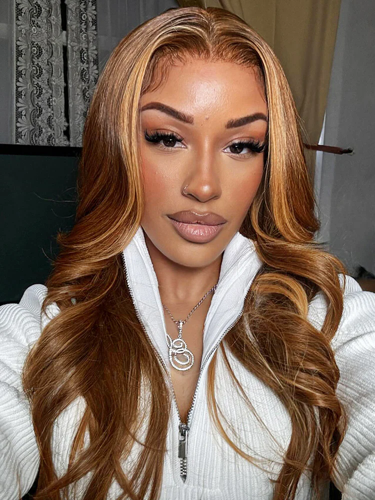 CurlyMe Highlights Ombre Human Hair Wigs Body Wave Transparent Lace Wigs Pre Plucked - Image 3