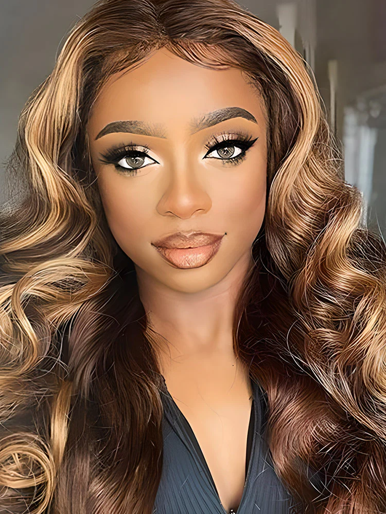 CurlyMe Highlights Ombre Human Hair Wigs Body Wave Transparent Lace Wigs Pre Plucked - Image 6