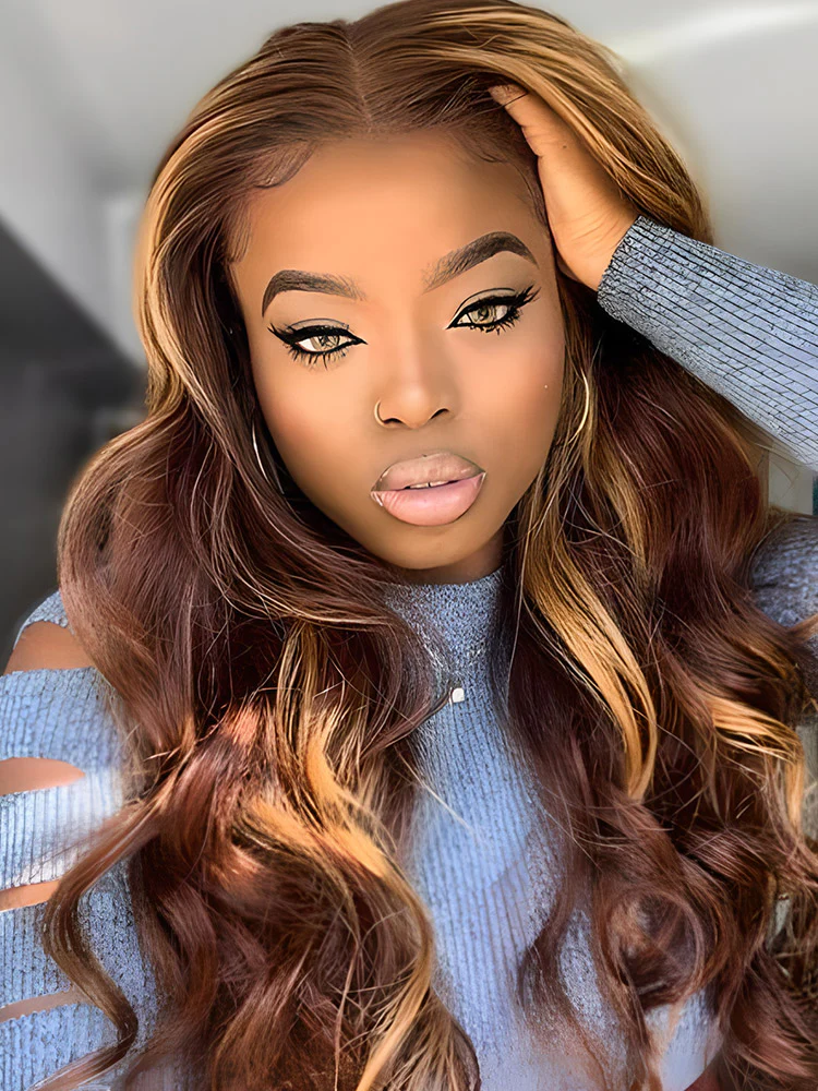 CurlyMe Highlights Ombre Human Hair Wigs Body Wave Transparent Lace Wigs Pre Plucked - Image 7