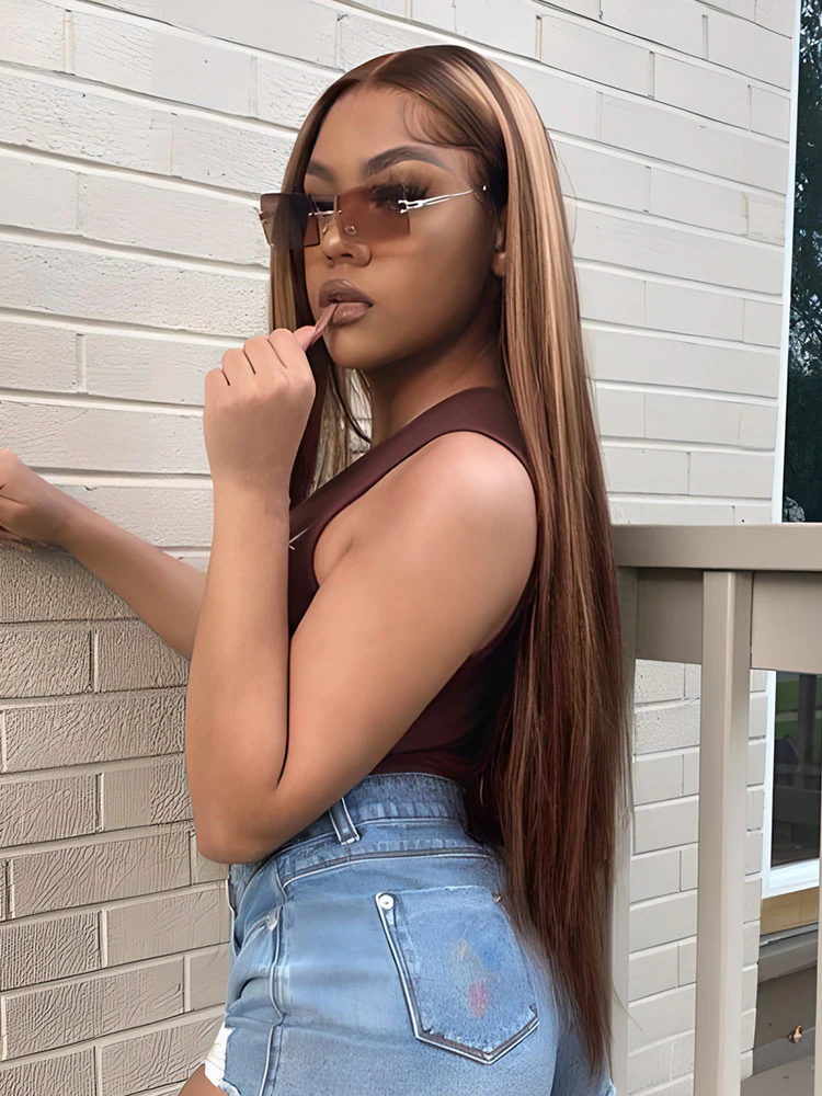 CurlyMe Highlights Ombre Human Hair Wigs Straight Hair 13x4 Lace Front Wigs Preplucked - Image 8