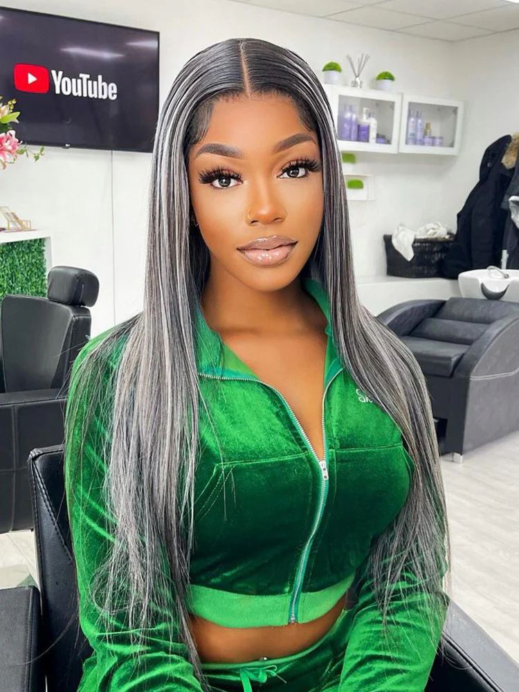 CurlyMe Platinum Gray and Black Straight Ombre Highlights Hair 13x4 Lace Front Wigs - Image 4