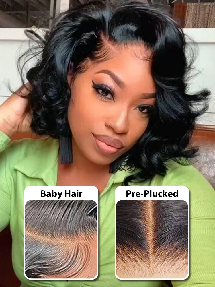 CurlyMe Short Cut Body Wave Hair 13x4 Lace Front Bob Wigs Pre Plucked For Women - Image 4