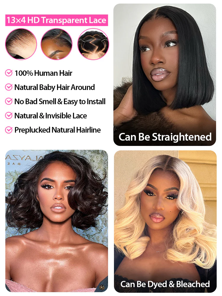 CurlyMe Short Cut Body Wave Hair 13x4 Lace Front Bob Wigs Pre Plucked For Women - Image 6