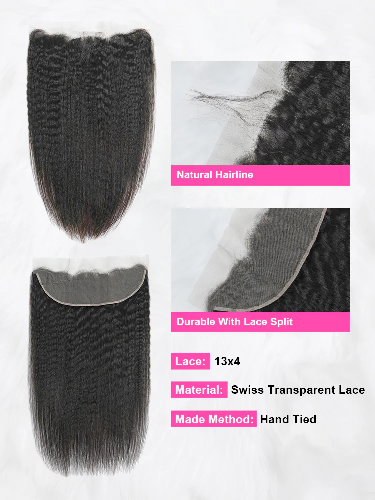 CurlyMe Kinky Straight Virgin Human Hair Bundles with Lace Frontal Natural Black - Image 5