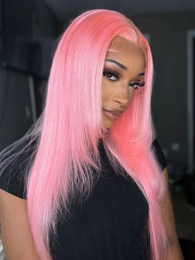 CurlyMe Light Ash Pink Color Straight Hair 13x4 Lace Front Wigs Human Hair - Image 3