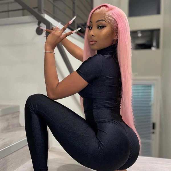 CurlyMe Light Ash Pink Color Straight Hair 13x4 Lace Front Wigs Human Hair - Image 5